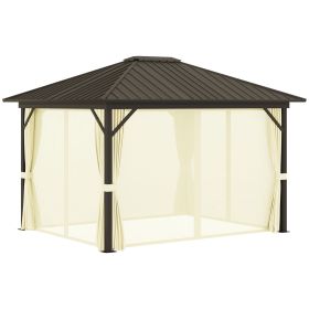 Outsunny Cream Hardtop Gazebo: 11.9'x9.8' Metal Roof Canopy with Curtains & Netting Top