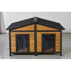 Large Outdoor Wooden Dog House With Dual Doors, Waterproof Asphalt Roof  Lift-Up Top, Fir Wood Dog Shelter For Medium To Large Dogs Black  Natura (Color: Yellow)