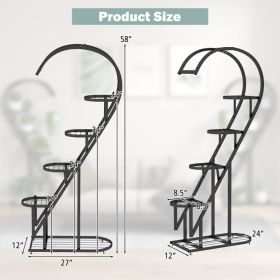 5 Tier Metal Plant Stand With Hanging Hook For Multiple Plants (Color: Black)